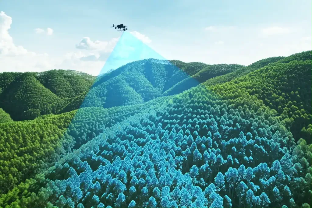 Drohne schwebt über einem Reh in einer grasbewachsenen Umgebung.