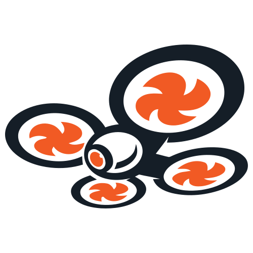 Drohne mit vier Propellern und orangefarbenen Verzierungen.